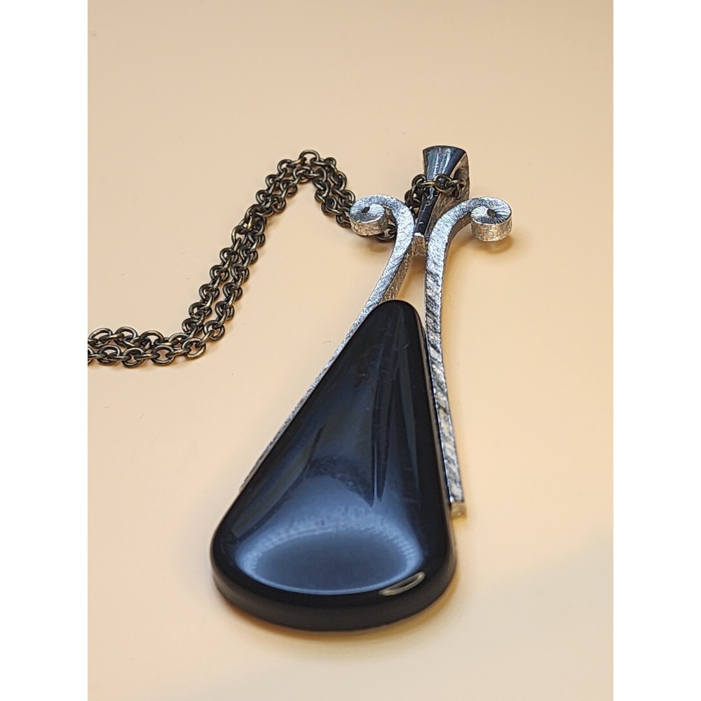 1974 Vtg AVON‎ Ebony Teardrop Large Pendant Necklace Silver Tone 32" Chain